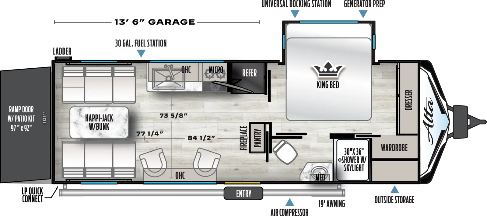 The 2400KTH has one slideout and one entry door. Exterior features include an LP quick connect, air compressor, 19 foot awning, outside storage, ladder, 30 gallon fuel station, universal docking station, and generator prep. Interior layout front to back: front dresser and wardrobe; off-door side king bed slideout with overhead cabinet; door side aisle pass through full bathroom with medicine cabinet and shower with skylight; pantry and fireplace along inner wall; off-door side refrigerator, microwave, oven, sink and overhead cabinet; door side entry, chairs with flip up table, and overhead cabinet; rear happi-jack with bunk; rear ramp door with patio kit. Garage dimensions: 14 foot garage; 101 inches wide; 76 inches from rear to kitchen counter; 86 inches from kitchen counter to pantry; 73 7/8 inches from kitchen counter to door side wall; 97 inch x 92 inch rear ramp door. 